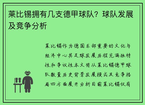 莱比锡拥有几支德甲球队？球队发展及竞争分析